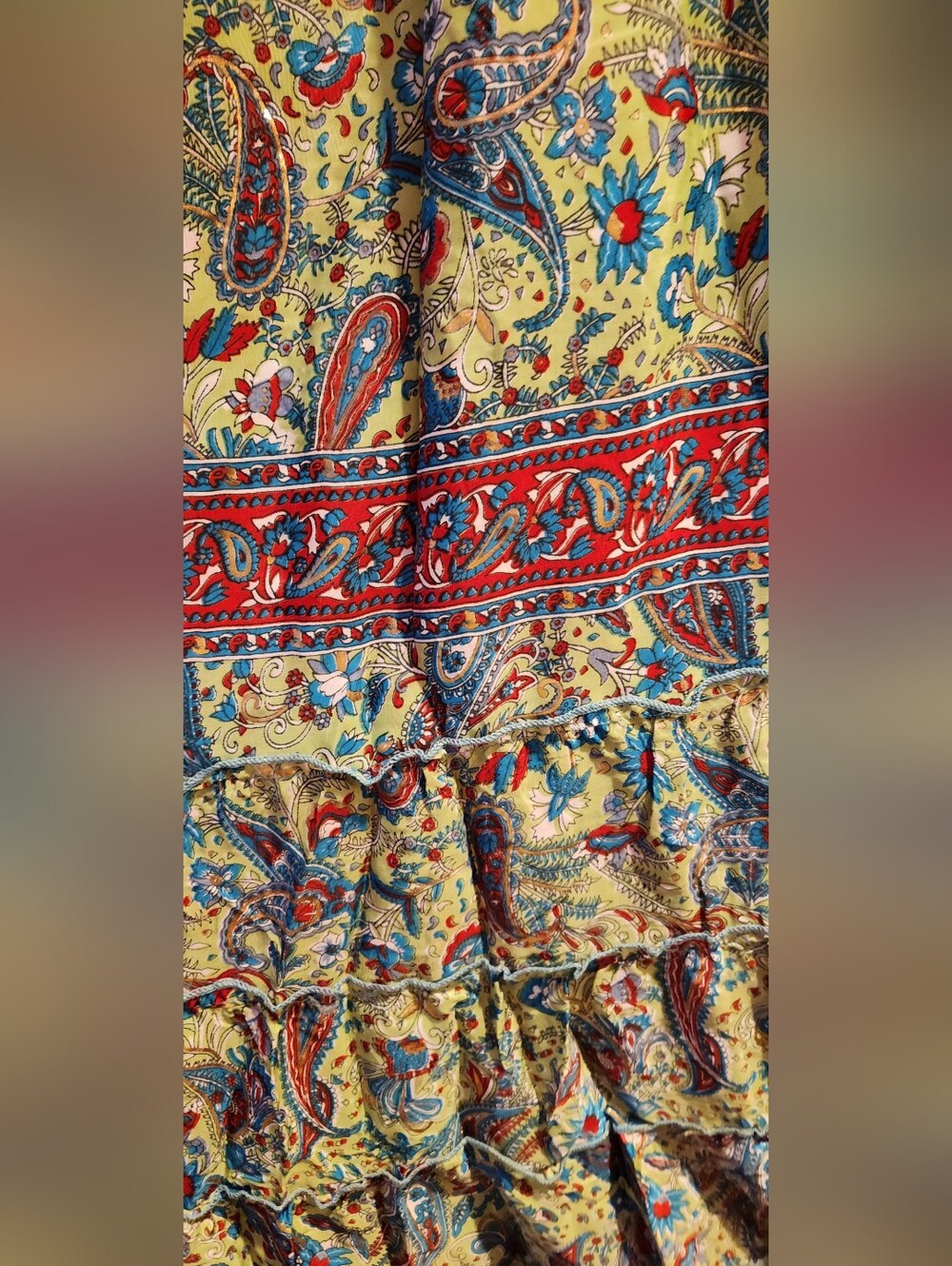 White Waves Green Paisley Tiered Boho Maxi Dress with Red & Blue Accents - Picture 2 of 11